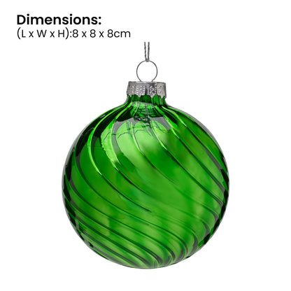 Christabelle Box of 6 Rich Green Glass Baubles with Stripe Wave Pattern