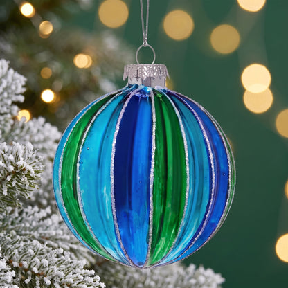 Christabelle 6 Blue Green Glass Christmas Baubles Striped 8cm Xmas Tree Decorations Hanging Ornaments Gift Boxed Set