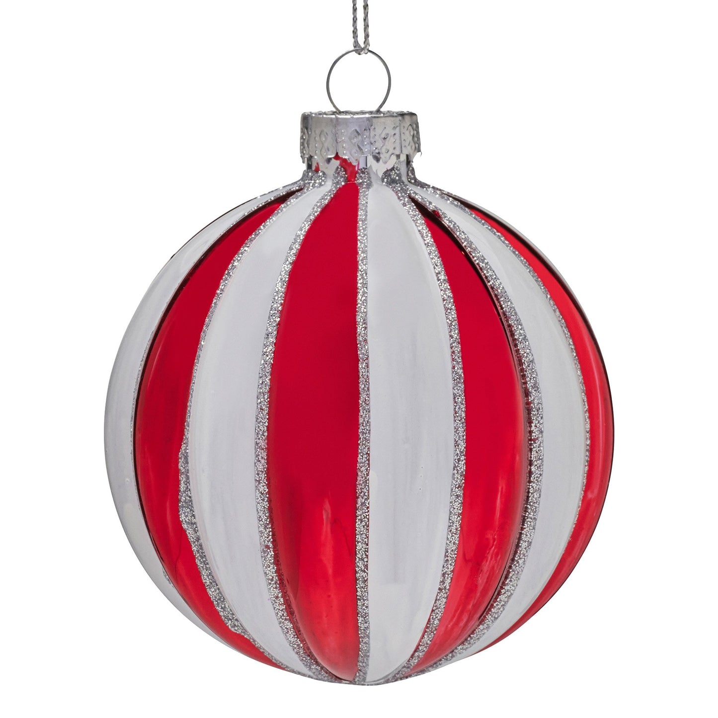 Christabelle Box of 6 Red & White Glass Baubles with Stripe Pattern