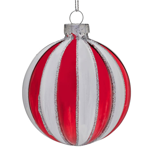 Christabelle Box of 6 Red & White Glass Baubles with Stripe Pattern