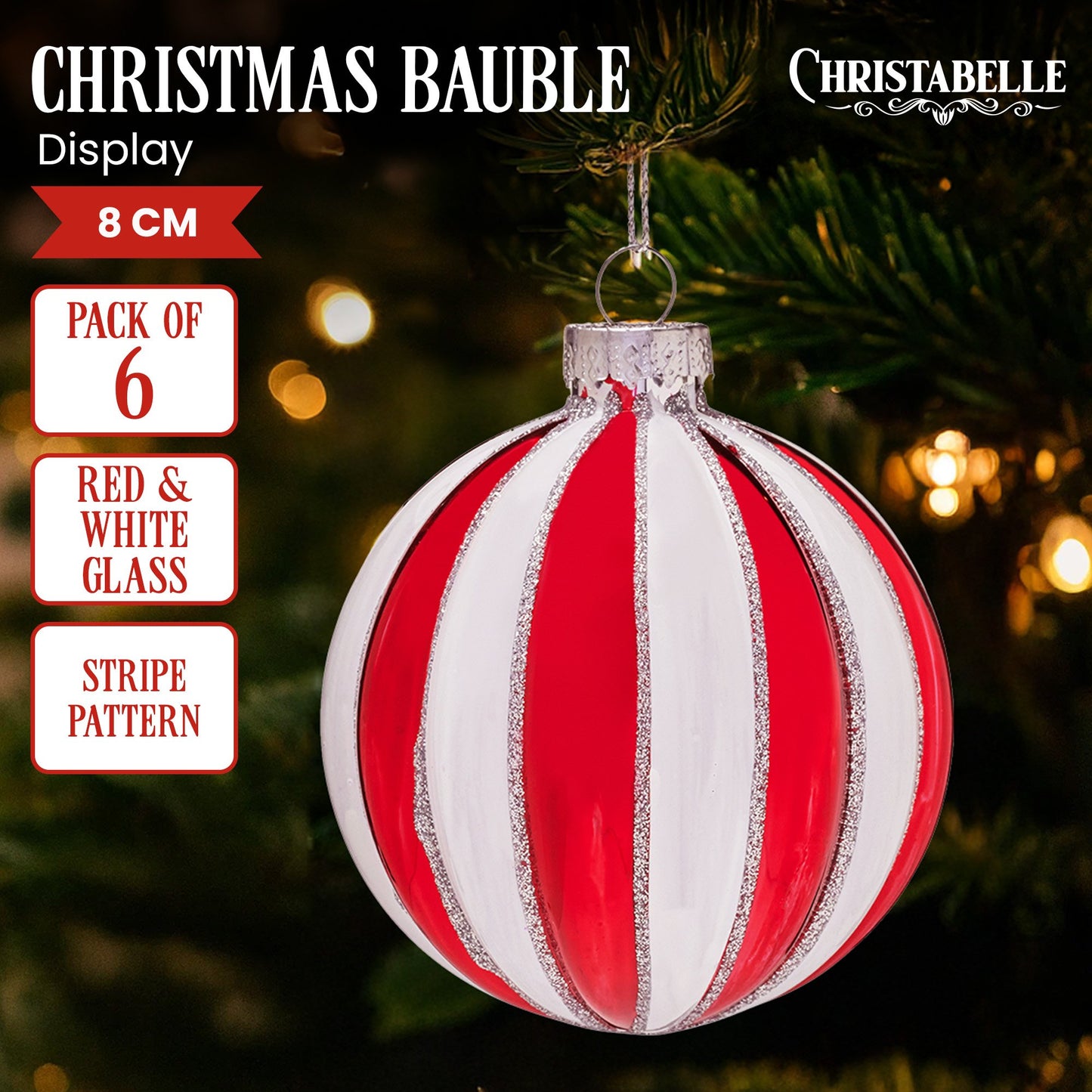 Christabelle Box of 6 Red & White Glass Baubles with Stripe Pattern
