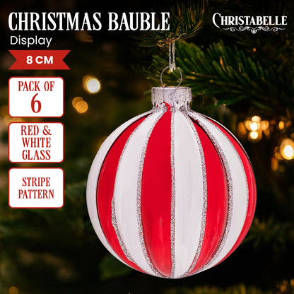Christabelle Box of 6 Red & White Glass Baubles with Stripe Pattern
