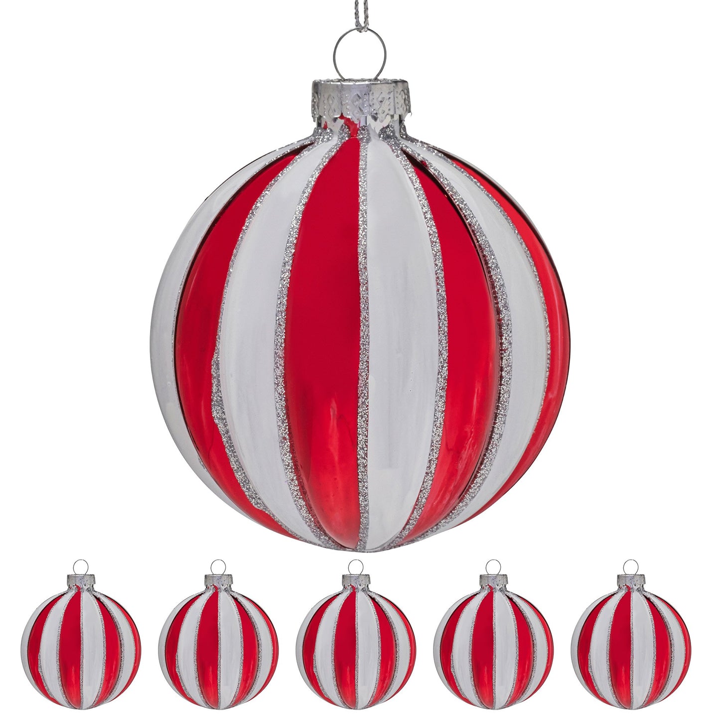 Christabelle Box of 6 Red & White Glass Baubles with Stripe Pattern