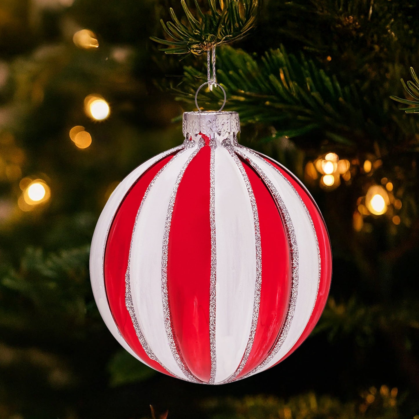 Christabelle Box of 6 Red & White Glass Baubles with Stripe Pattern