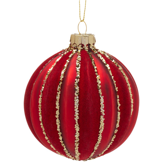 Christabelle Box of 6 Rich Red Glass Baubles with Gold Glitter Stripes