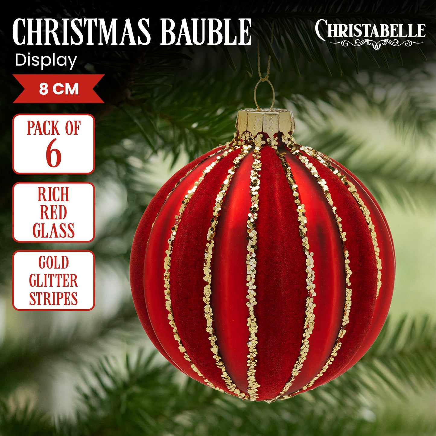 Christabelle Box of 6 Rich Red Glass Baubles with Gold Glitter Stripes