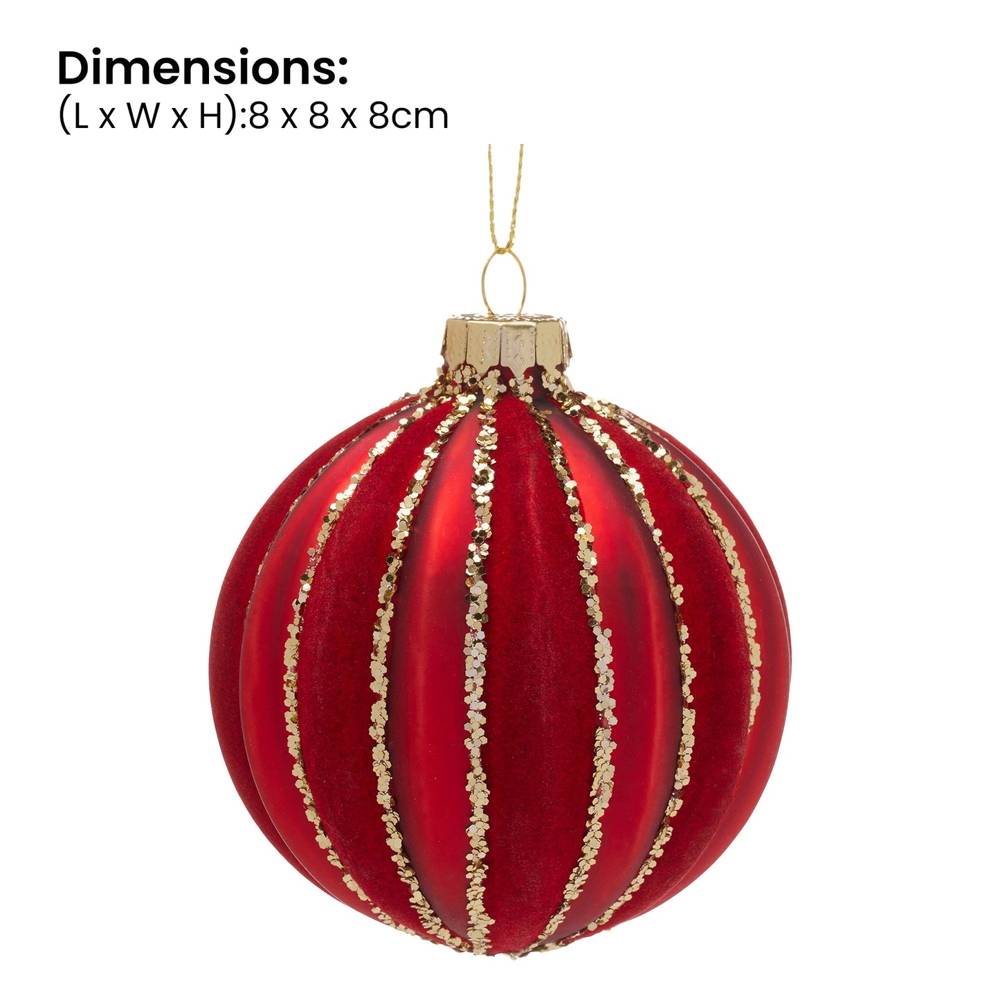 Christabelle Box of 6 Rich Red Glass Baubles with Gold Glitter Stripes