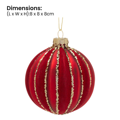Christabelle Box of 6 Rich Red Glass Baubles with Gold Glitter Stripes