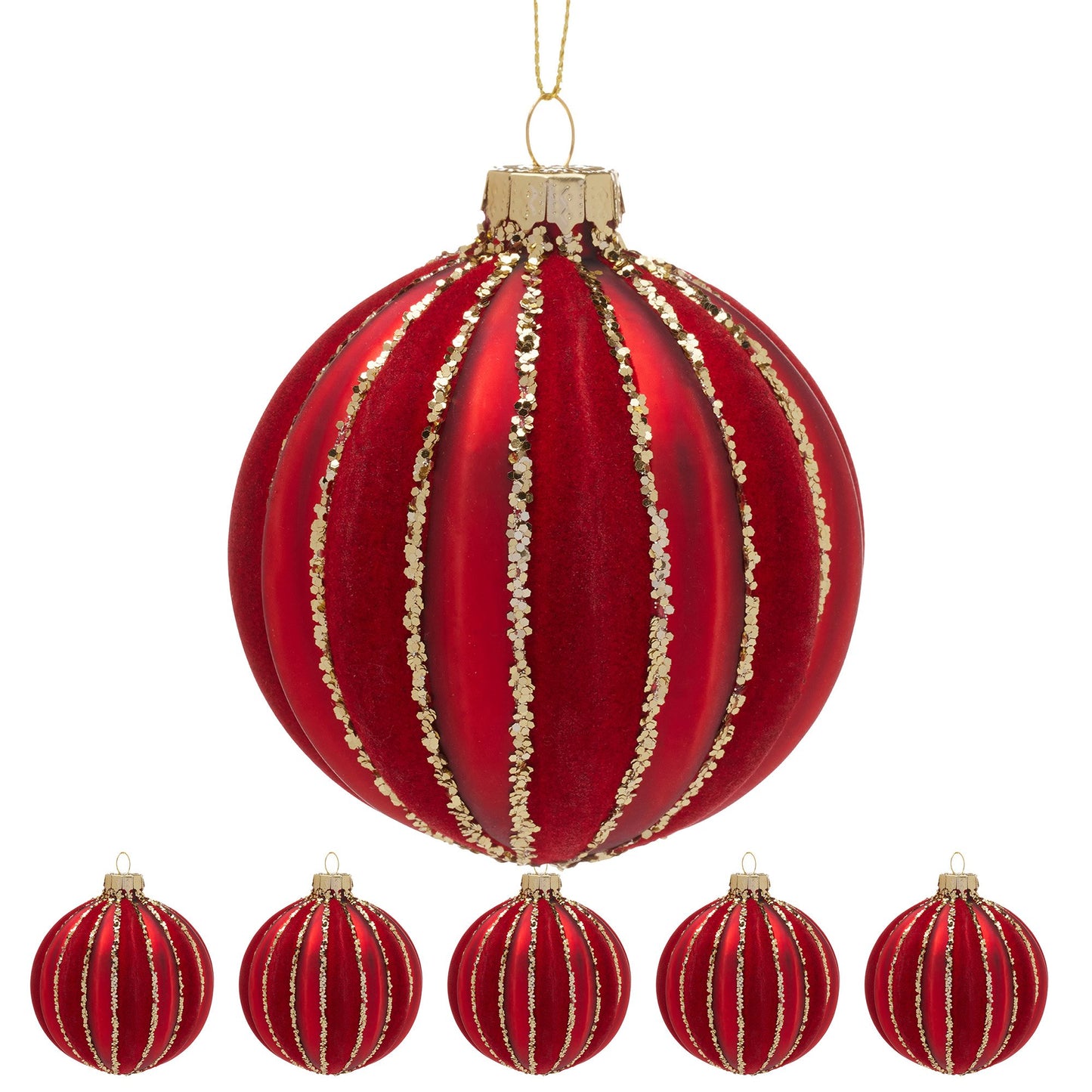 Christabelle Box of 6 Rich Red Glass Baubles with Gold Glitter Stripes