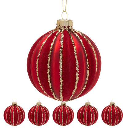 Christabelle Box of 6 Rich Red Glass Baubles with Gold Glitter Stripes