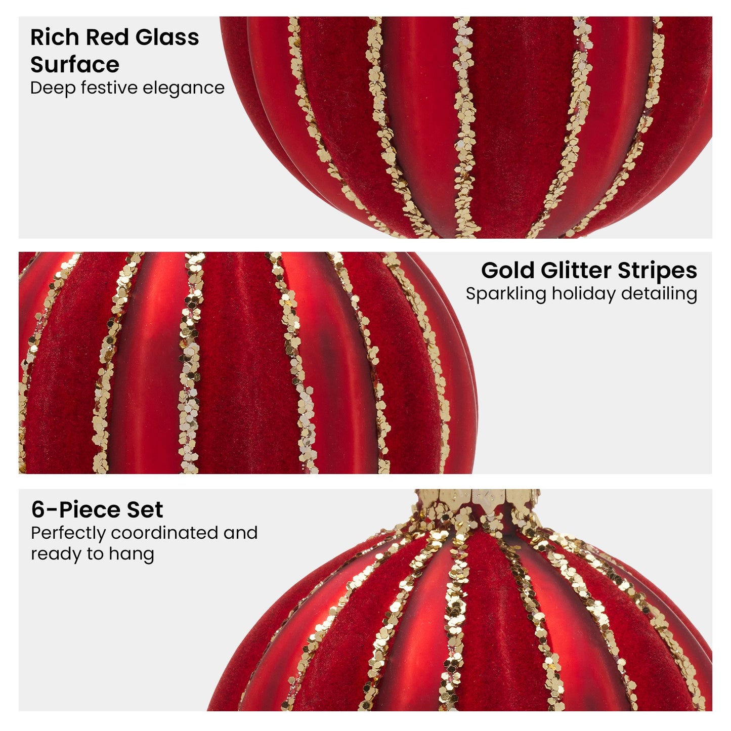 Christabelle Box of 6 Rich Red Glass Baubles with Gold Glitter Stripes