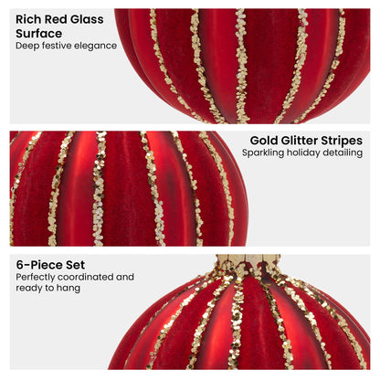 Christabelle Box of 6 Rich Red Glass Baubles with Gold Glitter Stripes