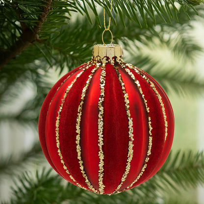 Christabelle Box of 6 Rich Red Glass Baubles with Gold Glitter Stripes