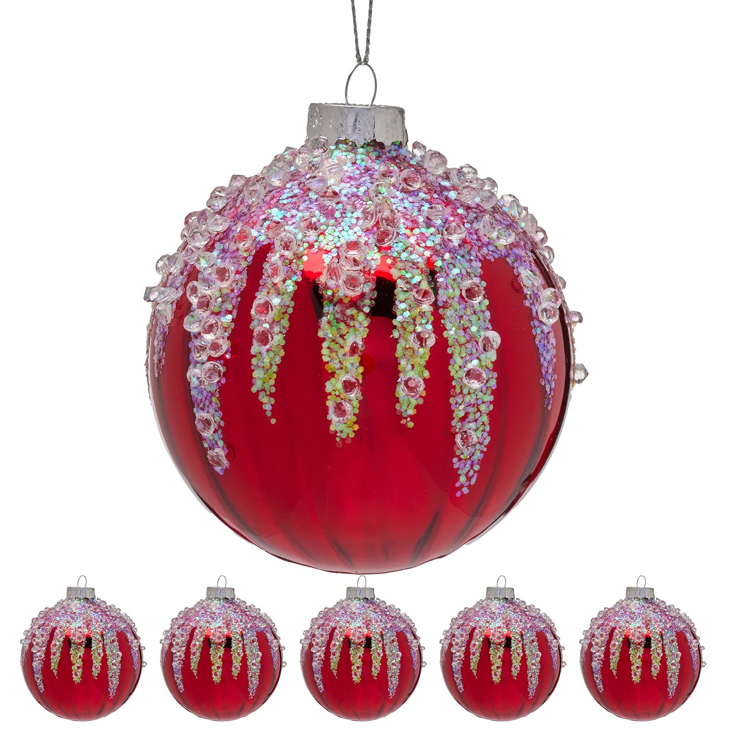 Christabelle Box of 6 Rich Red Glass Baubles with Sequin Frosting