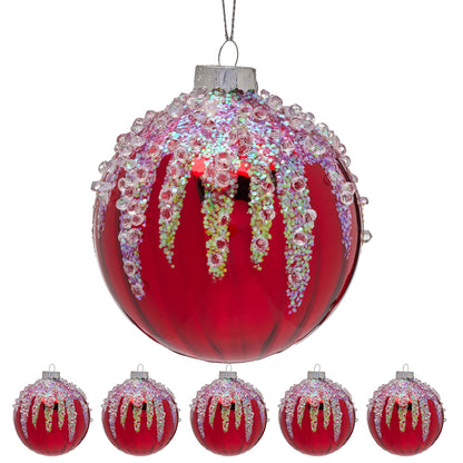 Christabelle Box of 6 Rich Red Glass Baubles with Sequin Frosting