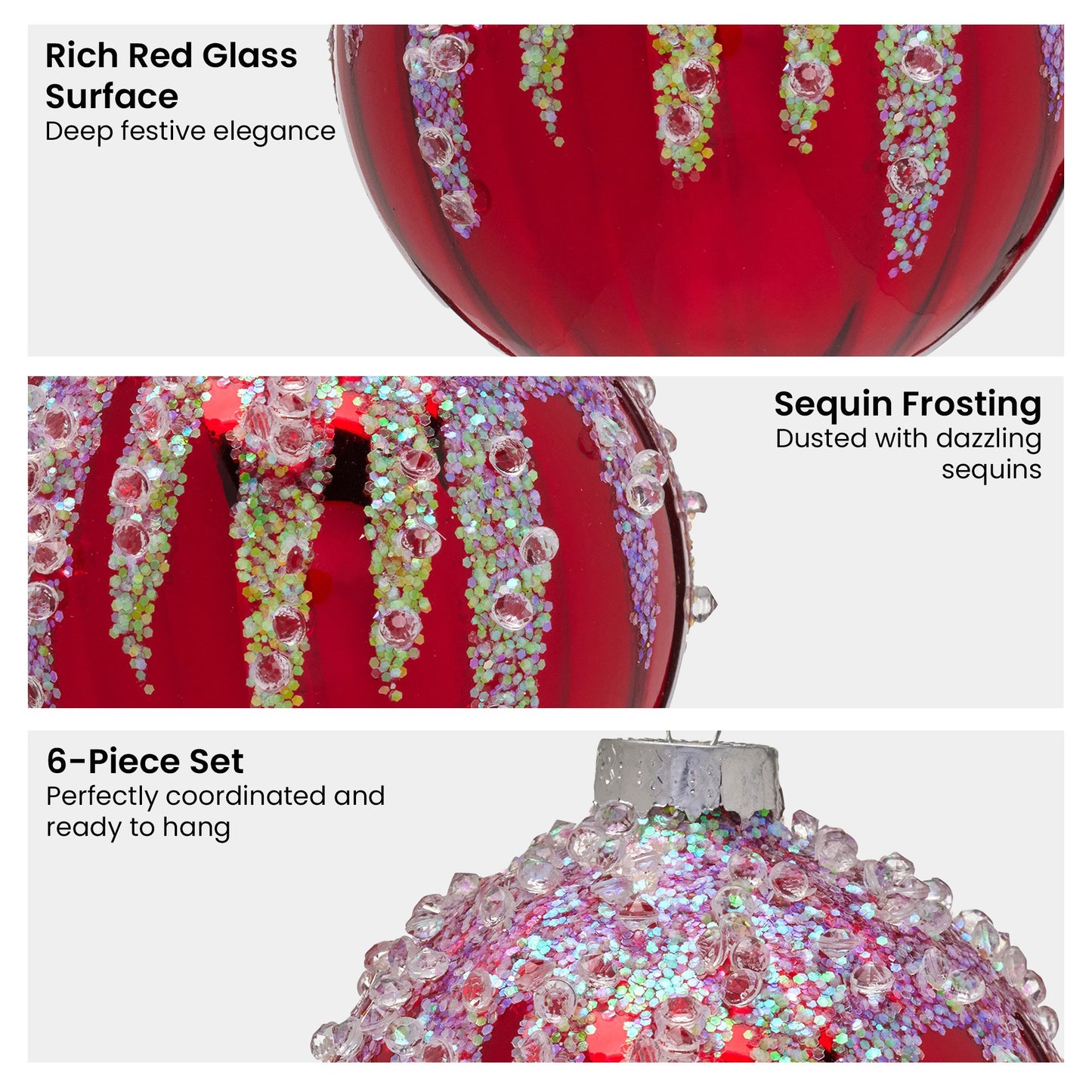 Christabelle Box of 6 Rich Red Glass Baubles with Sequin Frosting