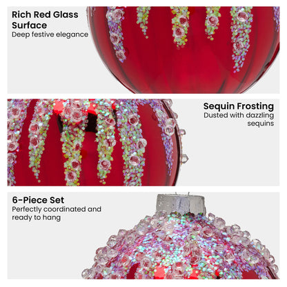 Christabelle Box of 6 Rich Red Glass Baubles with Sequin Frosting