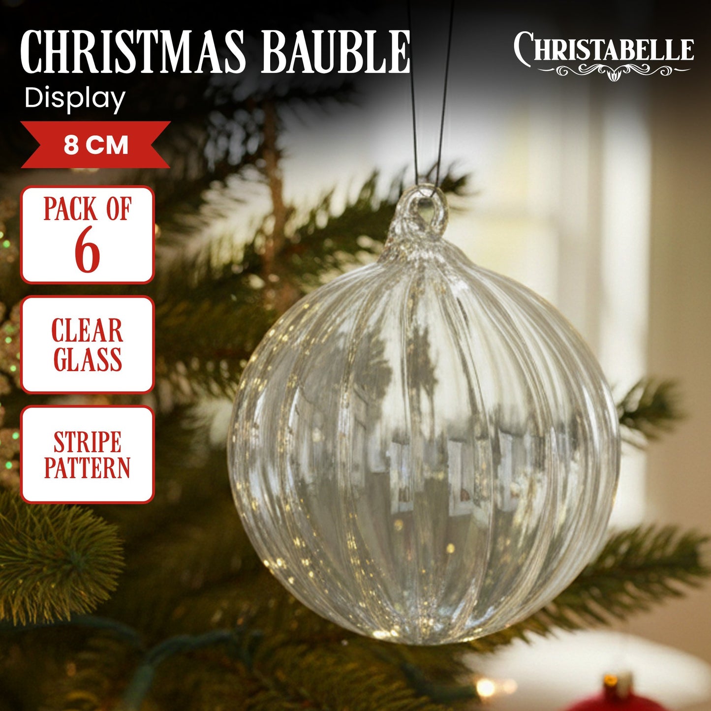 Christabelle Box of 6 Clear Glass Baubles with Stripe Pattern