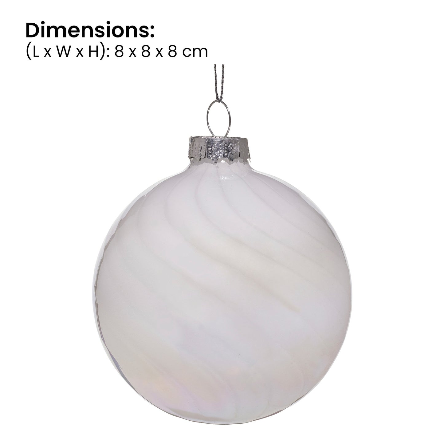 Christabelle Box of 6 White Glass Baubles with Stripe & Faint Iridescence