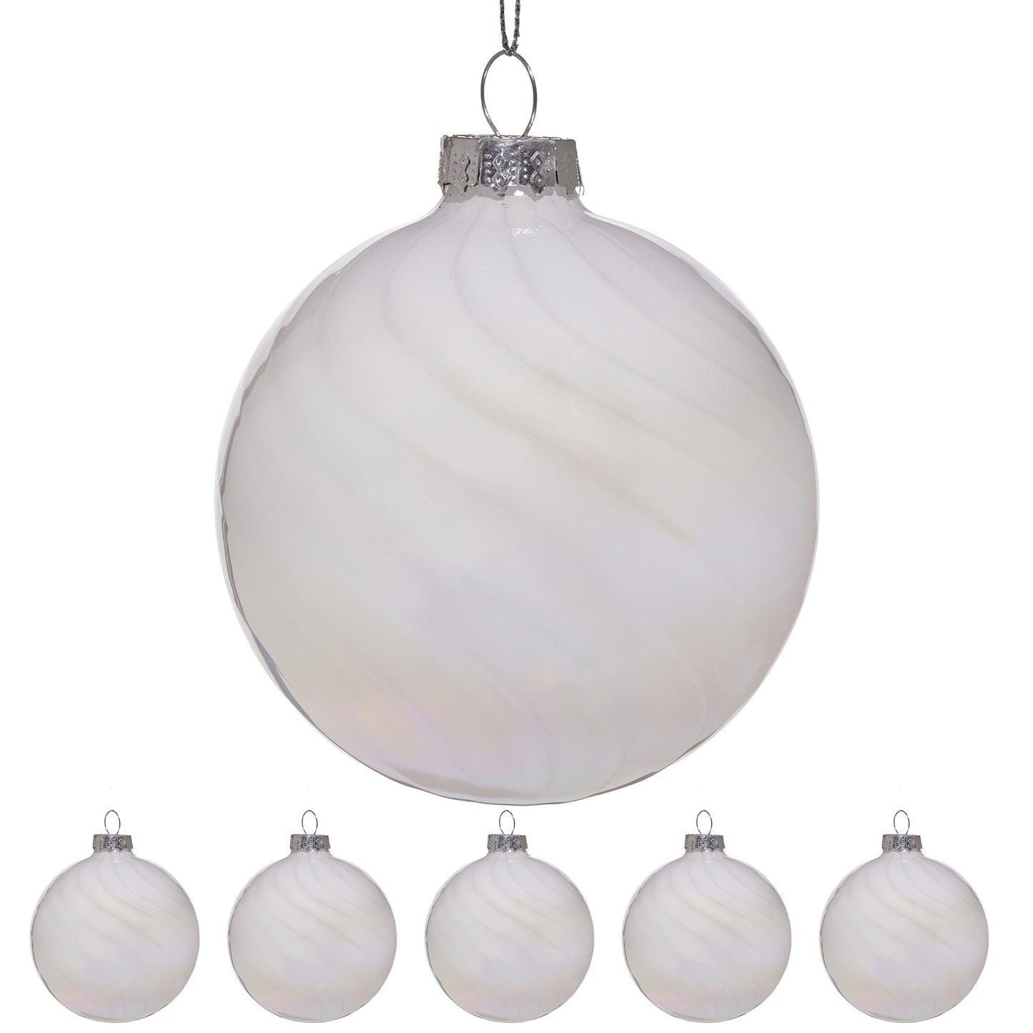 Christabelle Box of 6 White Glass Baubles with Stripe & Faint Iridescence