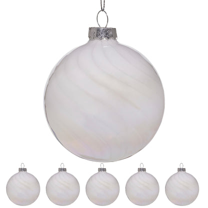 Christabelle Box of 6 White Glass Baubles with Stripe & Faint Iridescence