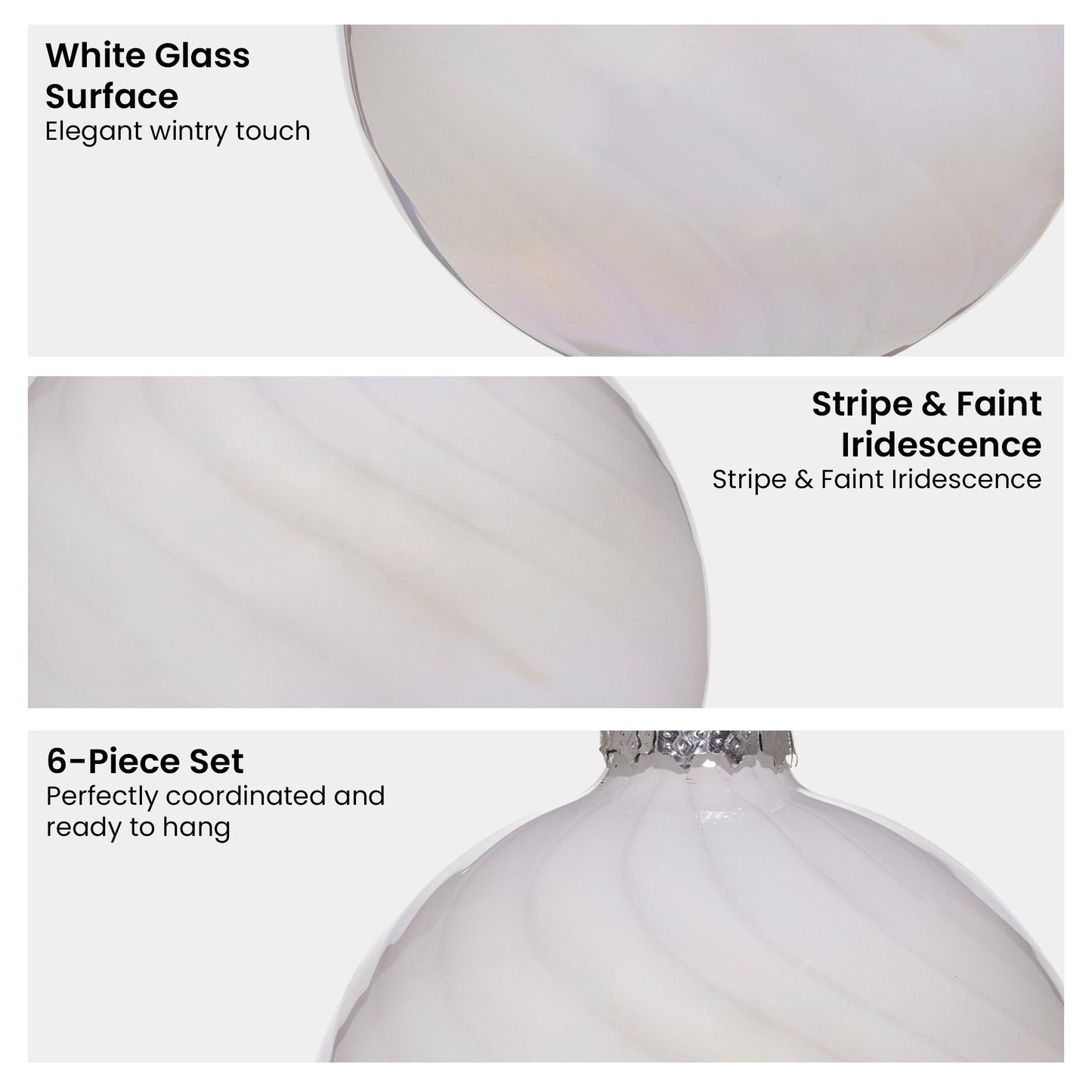 Christabelle Box of 6 White Glass Baubles with Stripe & Faint Iridescence