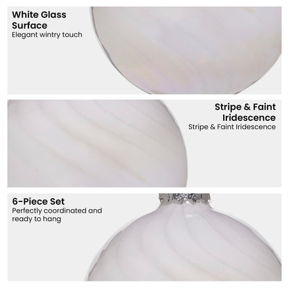 Christabelle Box of 6 White Glass Baubles with Stripe & Faint Iridescence