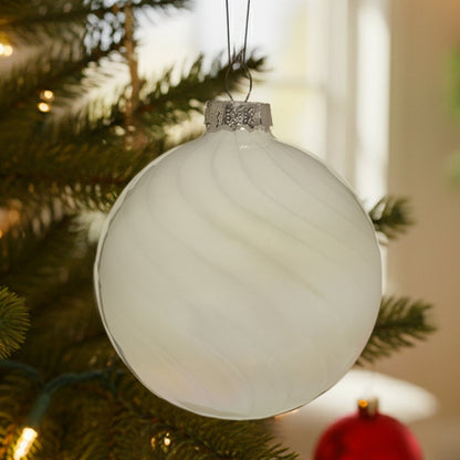 Christabelle Box of 6 White Glass Baubles with Stripe & Faint Iridescence