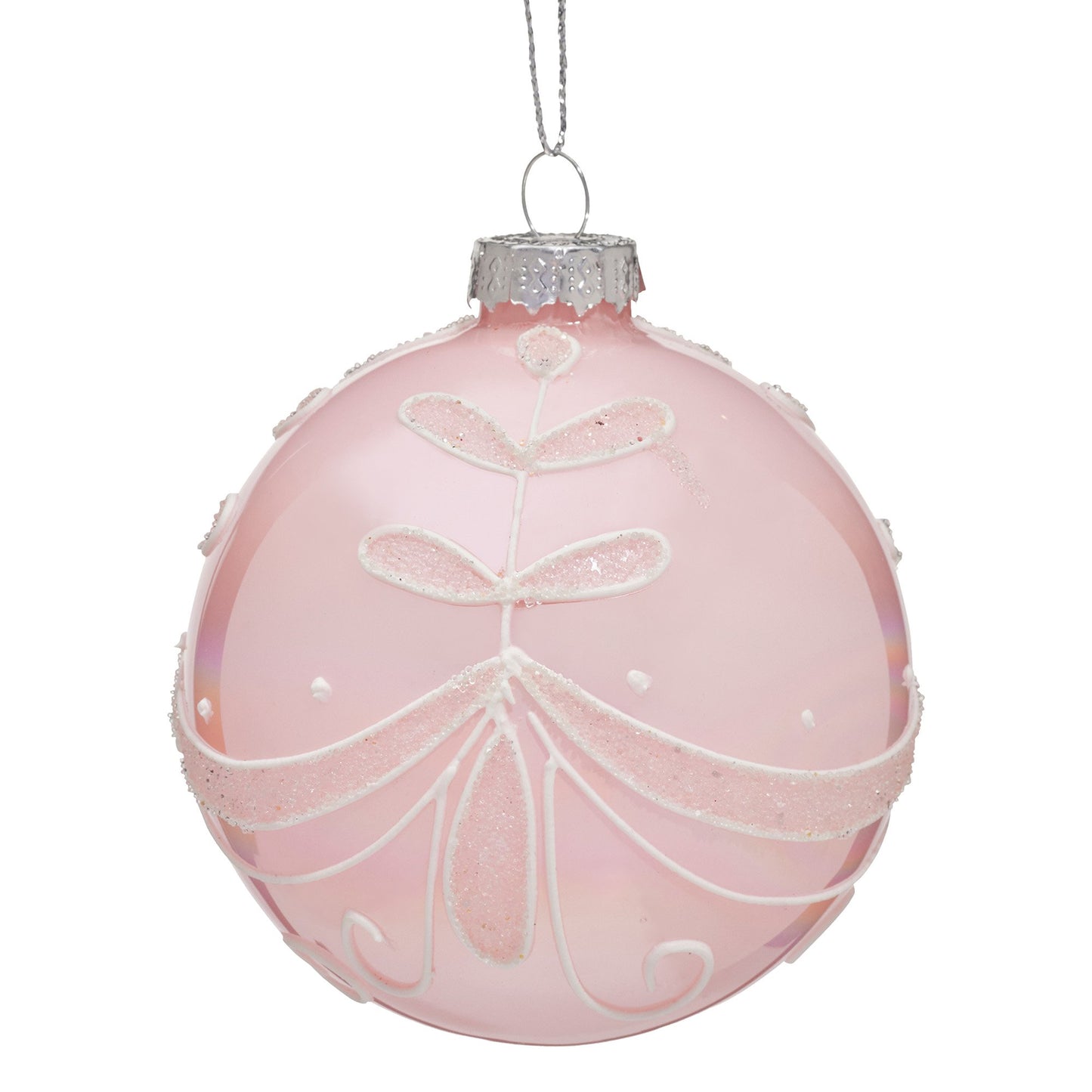 Christabelle Box of 6 Pink Glass Baubles with Glitter Floral Pattern