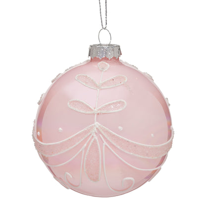 Christabelle Box of 6 Pink Glass Baubles with Glitter Floral Pattern