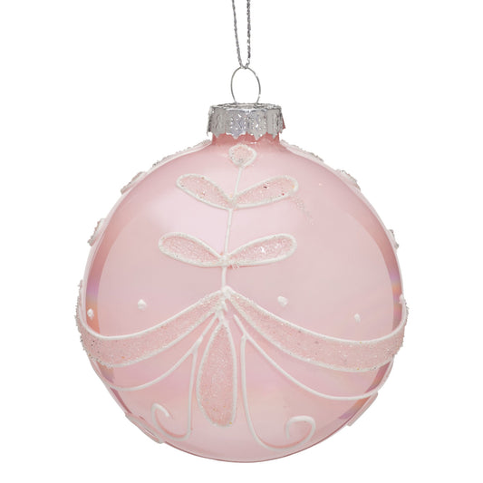 Christabelle Box of 6 Pink Glass Baubles with Glitter Floral Pattern