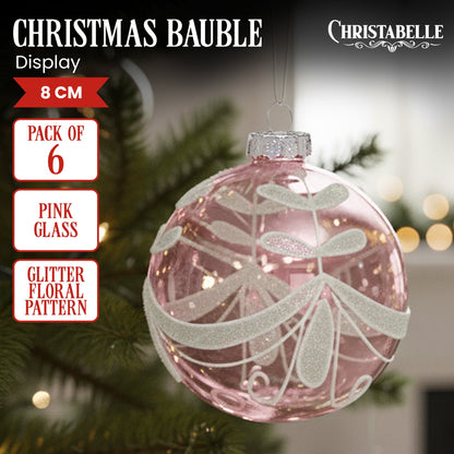 Christabelle Box of 6 Pink Glass Baubles with Glitter Floral Pattern
