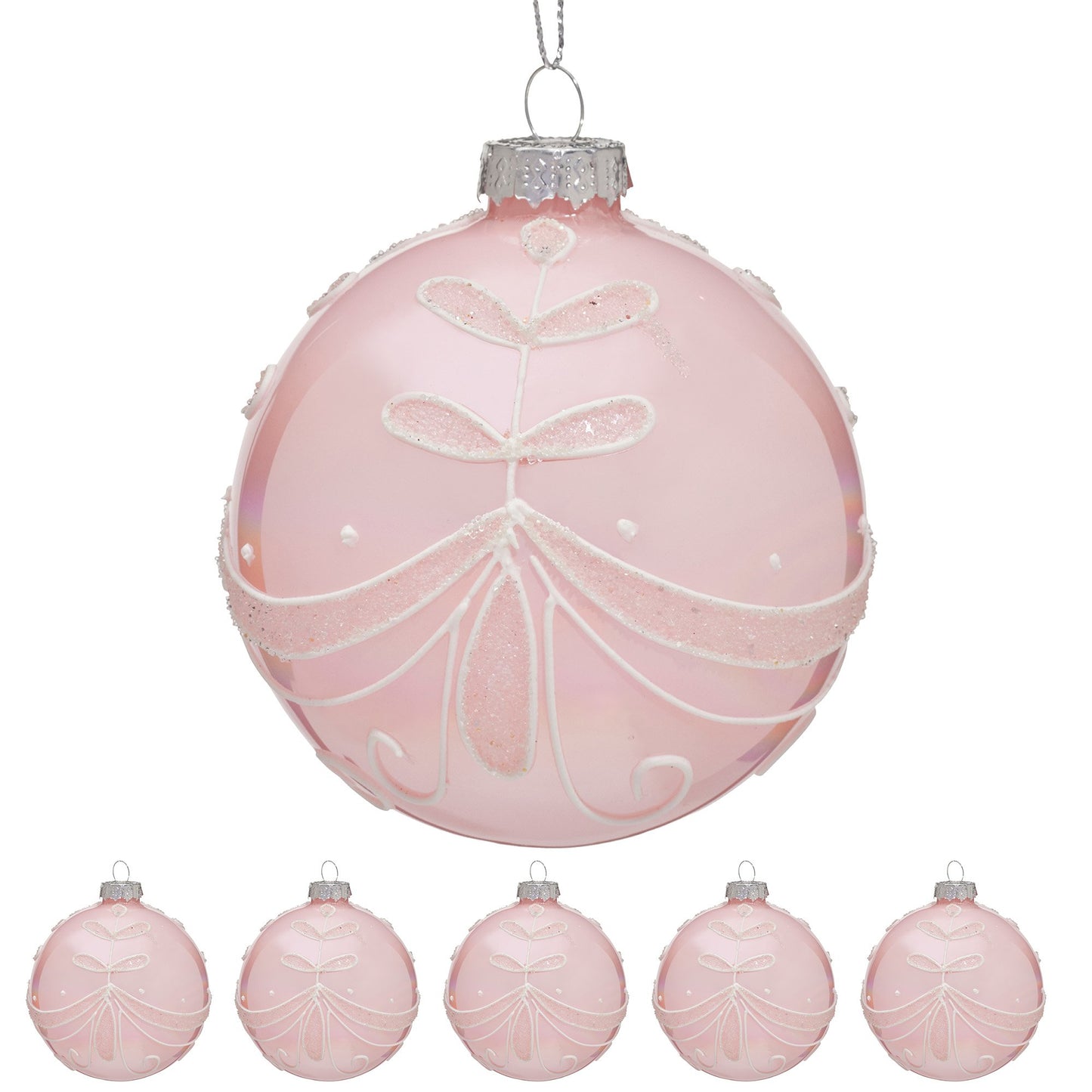Christabelle Box of 6 Pink Glass Baubles with Glitter Floral Pattern