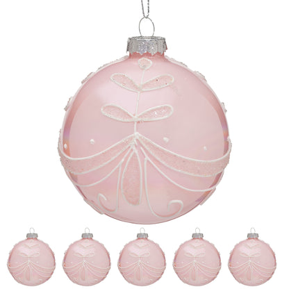 Christabelle Box of 6 Pink Glass Baubles with Glitter Floral Pattern