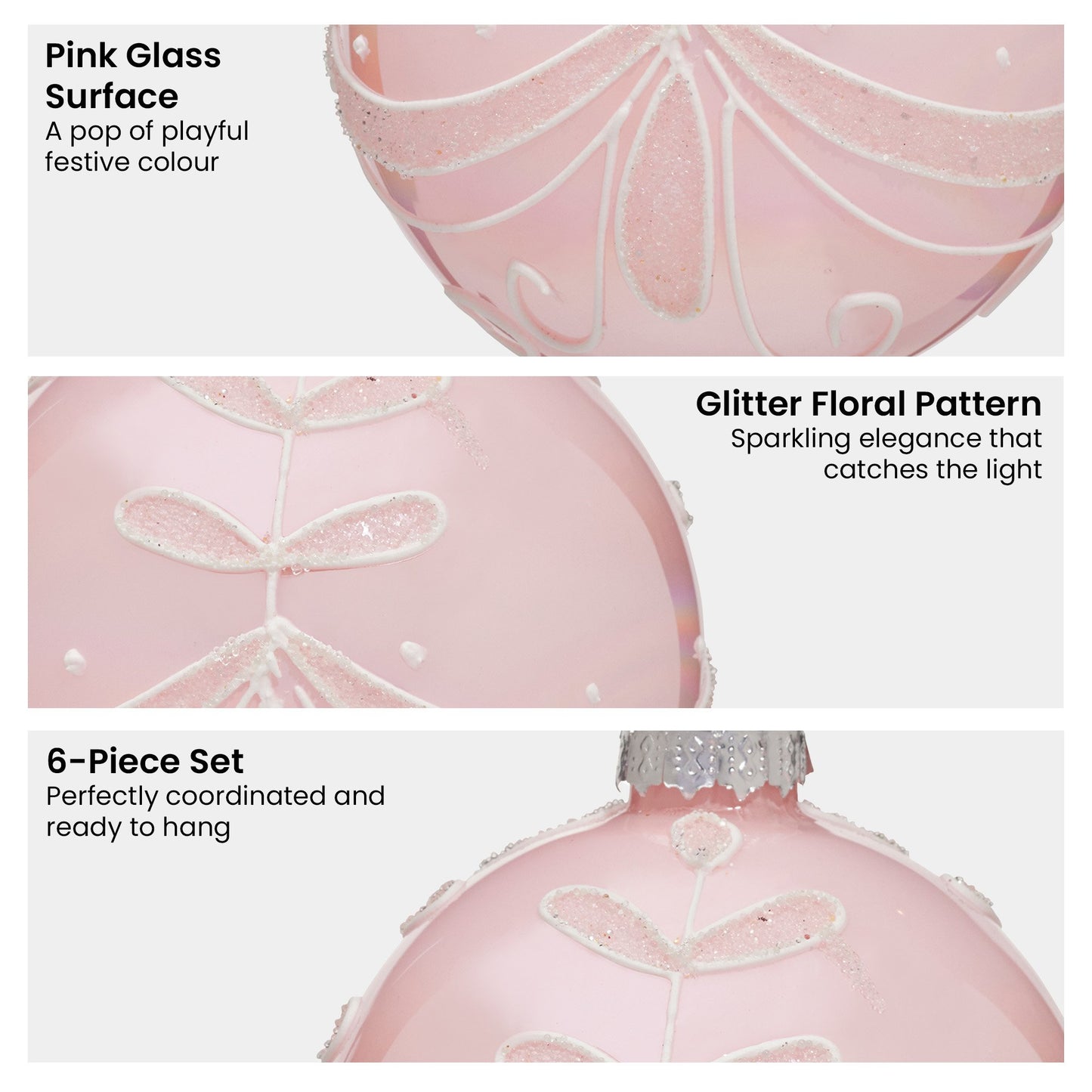 Christabelle Box of 6 Pink Glass Baubles with Glitter Floral Pattern