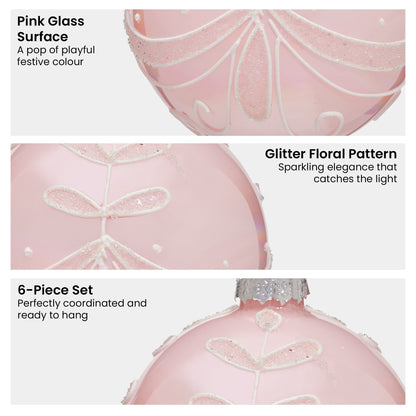 Christabelle Box of 6 Pink Glass Baubles with Glitter Floral Pattern