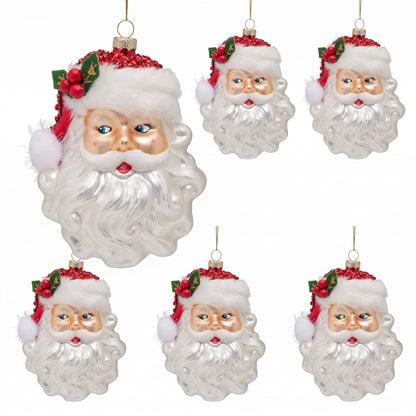 Christabelle 6 Glass Christmas Baubles Santa Head Fur Trim Novelty 13cm Xmas Tree Decorations Hanging Ornaments