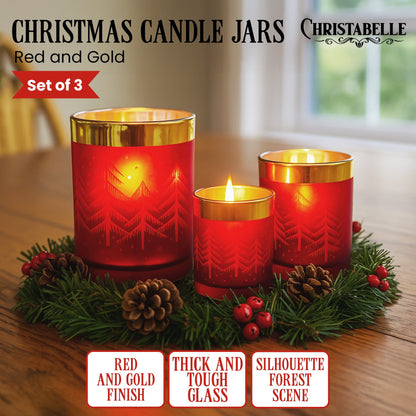 Christabelle Christmas Candle Jar Set of 3 Red and Gold Holiday Candle Holders