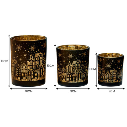 Christabelle Christmas Candle Jar Set of 3 Black and Gold Holiday Candle Holders