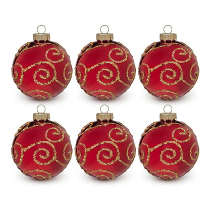 Christabelle 6 Red Glass Christmas Baubles Gold Swirl 8cm Xmas Tree Decorations Hanging Ornaments Gift Boxed Set