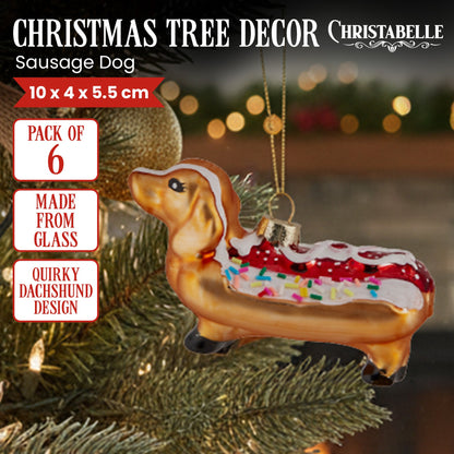 Christabelle Box of 6 Glass Sausage Dog Dachshund Hotdog Bauble