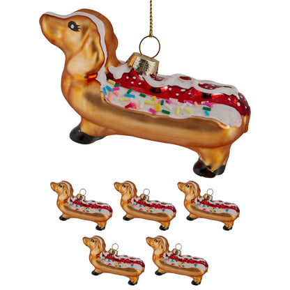 Christabelle Box of 6 Glass Sausage Dog Dachshund Hotdog Bauble
