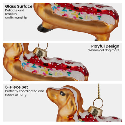 Christabelle Box of 6 Glass Sausage Dog Dachshund Hotdog Bauble