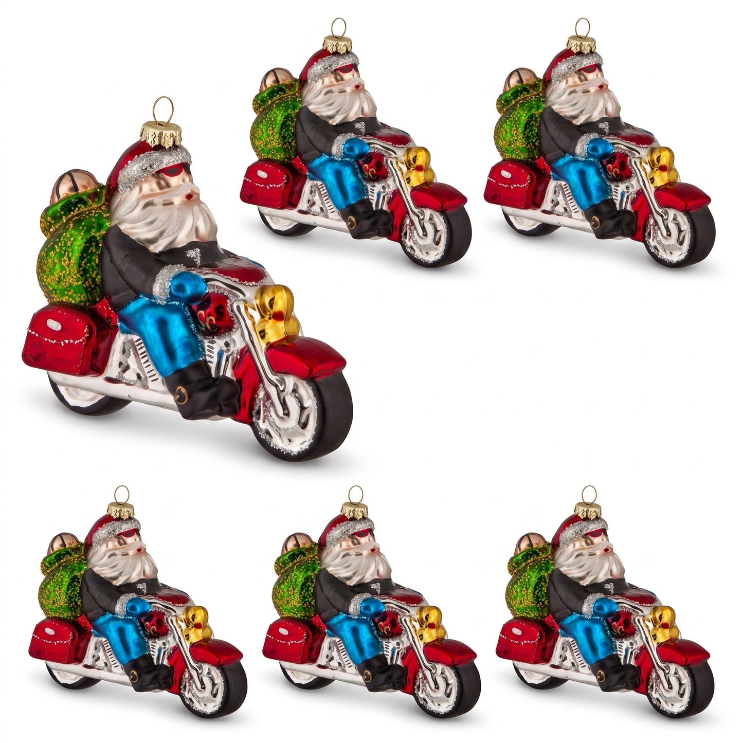 Christabelle 6 Glass Christmas Baubles Motorcycling Santa Novelty 11cm Xmas Tree Decorations Hanging Ornaments