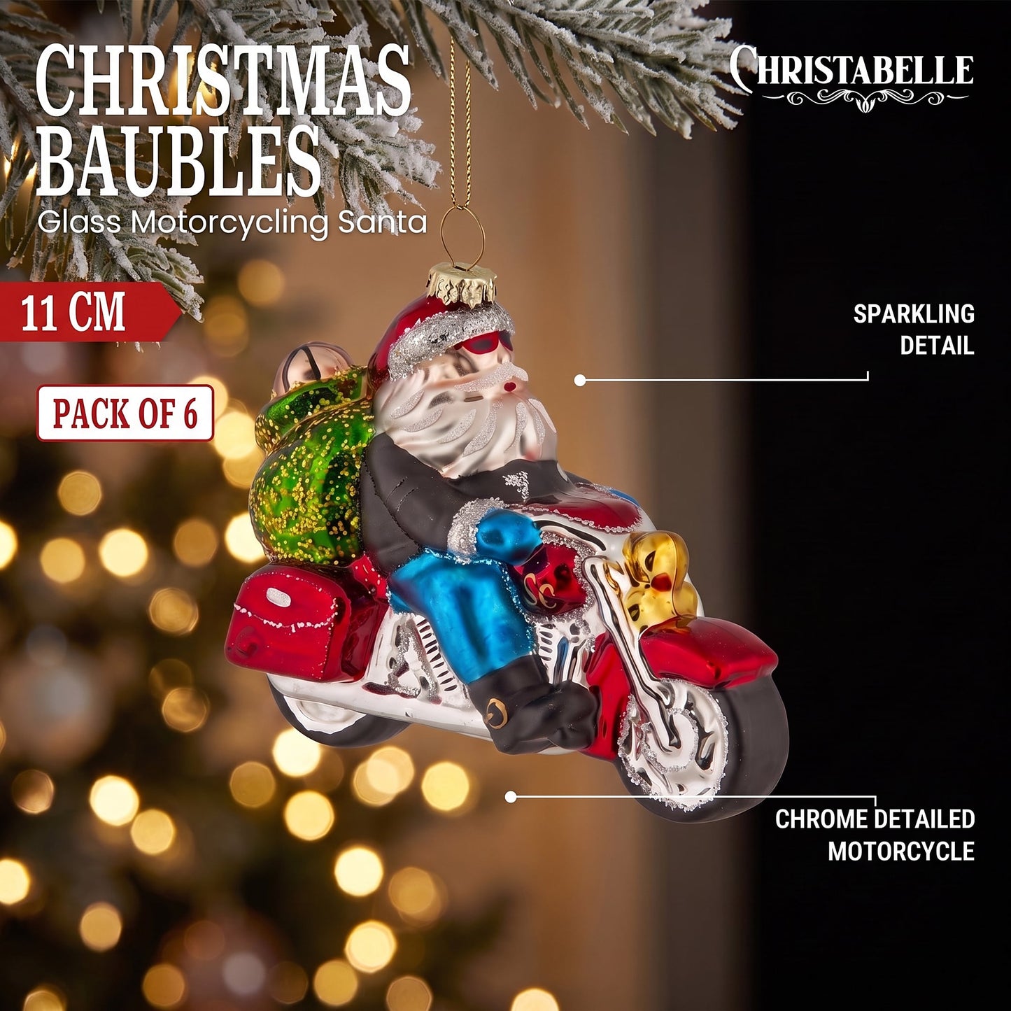 Christabelle 6 Glass Christmas Baubles Motorcycling Santa Novelty 11cm Xmas Tree Decorations Hanging Ornaments
