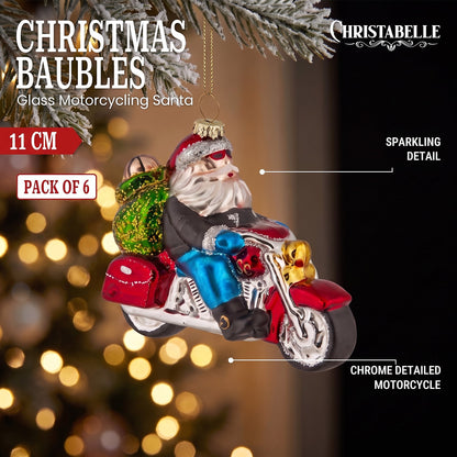 Christabelle 6 Glass Christmas Baubles Motorcycling Santa Novelty 11cm Xmas Tree Decorations Hanging Ornaments