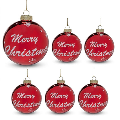 Christabelle 6 Red Glass Christmas Baubles Merry Christmas Design 8cm Xmas Tree Decorations Hanging Ornaments