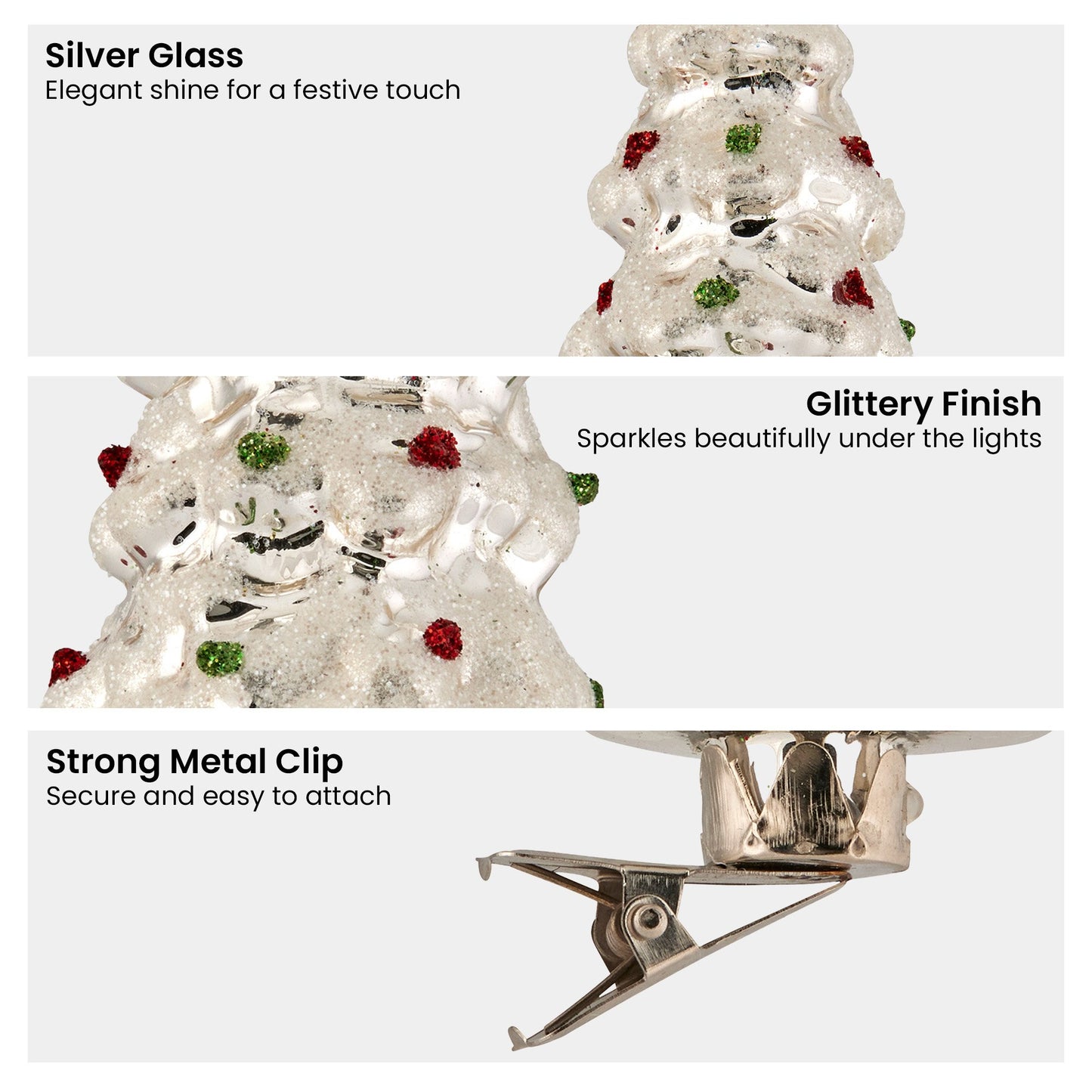 Christabelle Box of 6 Silver Glass Tree Ornaments with Glitter