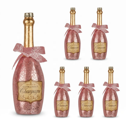 Christabelle 6 Pink Glass Christmas Baubles Champagne Bottle Novelty 14cm Xmas Tree Decorations Hanging Ornaments