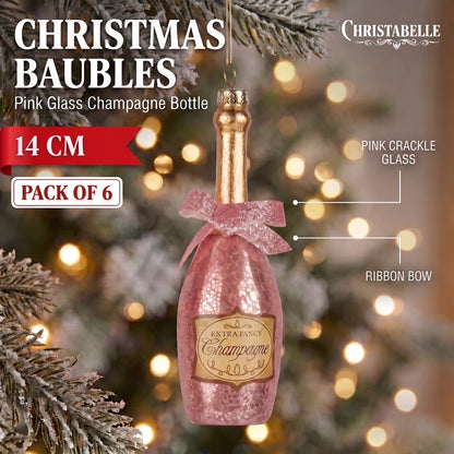 Christabelle 6 Pink Glass Christmas Baubles Champagne Bottle Novelty 14cm Xmas Tree Decorations Hanging Ornaments